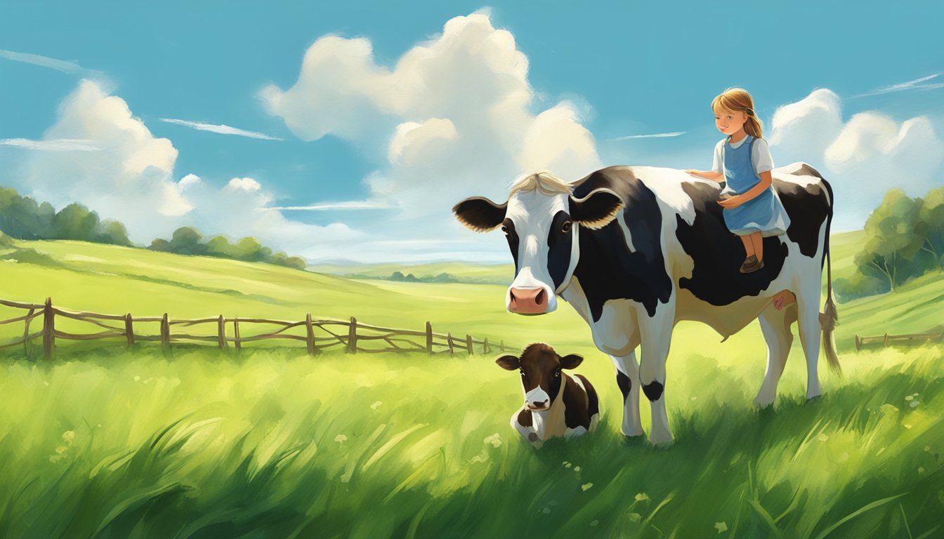 A serene countryside with a charming little girl and her gentle cow under a big blue sky, surrounded by lush green pastures