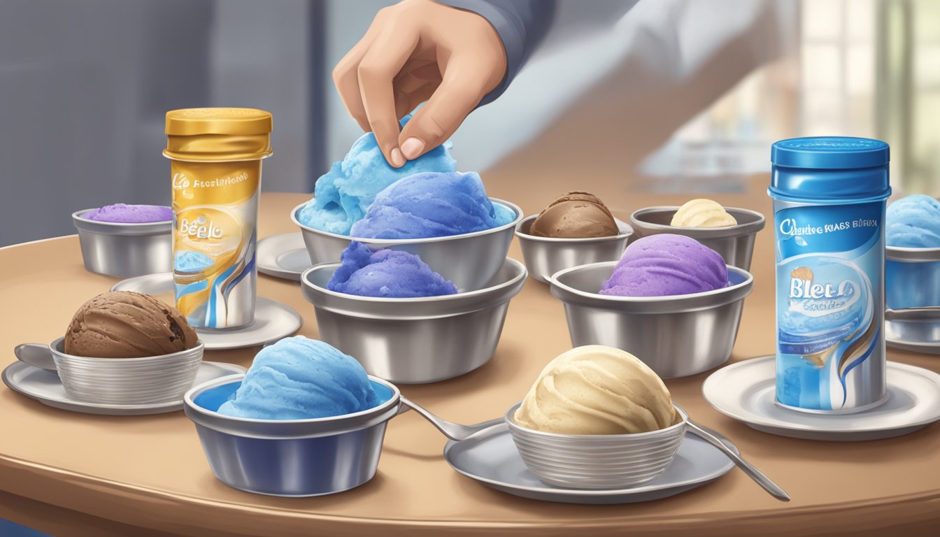 A table with various Blue Bell ice cream flavors being unwrapped and sampled for taste testing