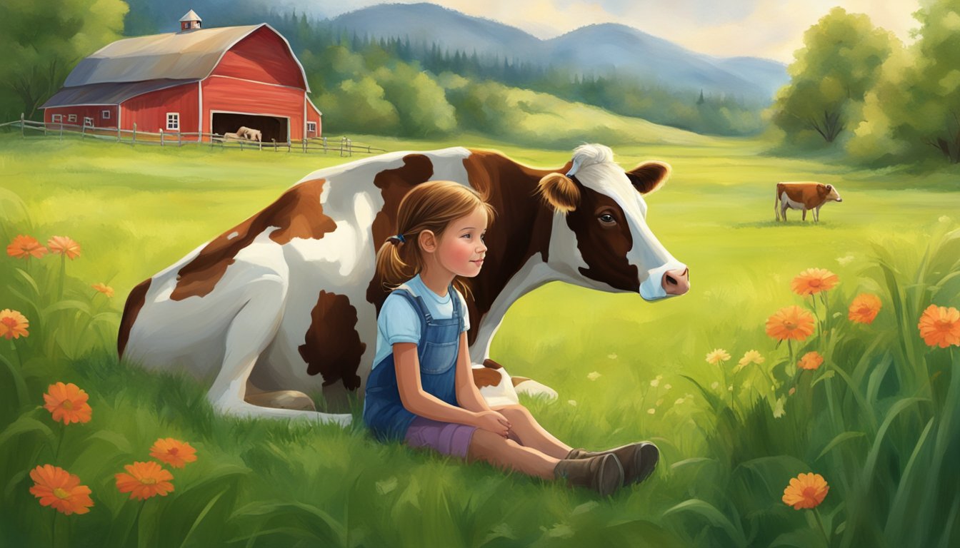 A little girl sits beside a gentle cow in a lush, green pasture, with a charming red barn in the background