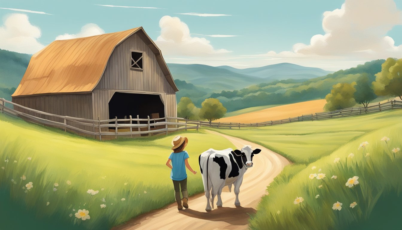 A serene countryside with a quaint barn and rolling hills, where a little girl and her cow share a tender moment