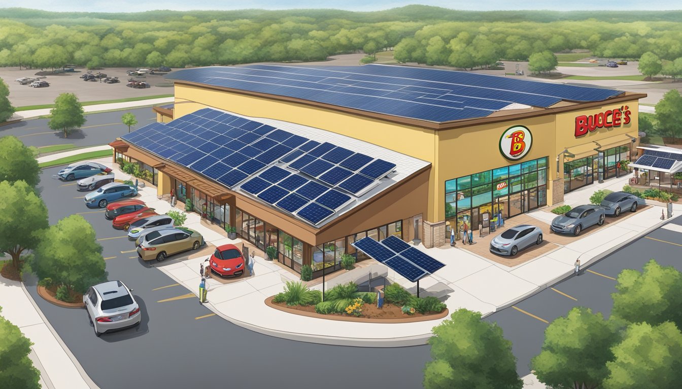 A bustling Buc-ee's store surrounded by local businesses and greenery, with solar panels on the roof and electric car charging stations in the parking lot