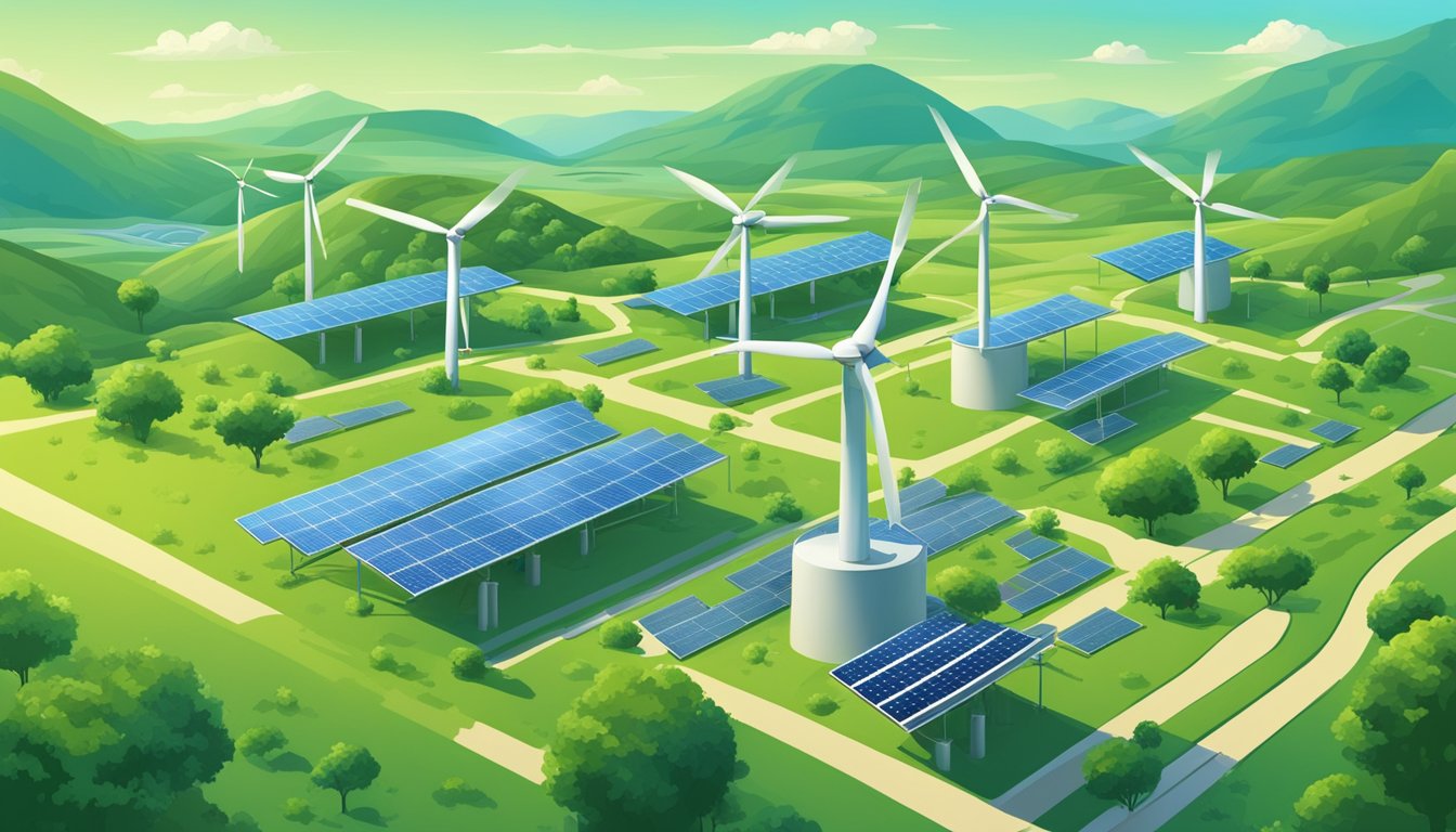 A lush green landscape with wind turbines and solar panels, surrounded by thriving plant life and clear blue skies