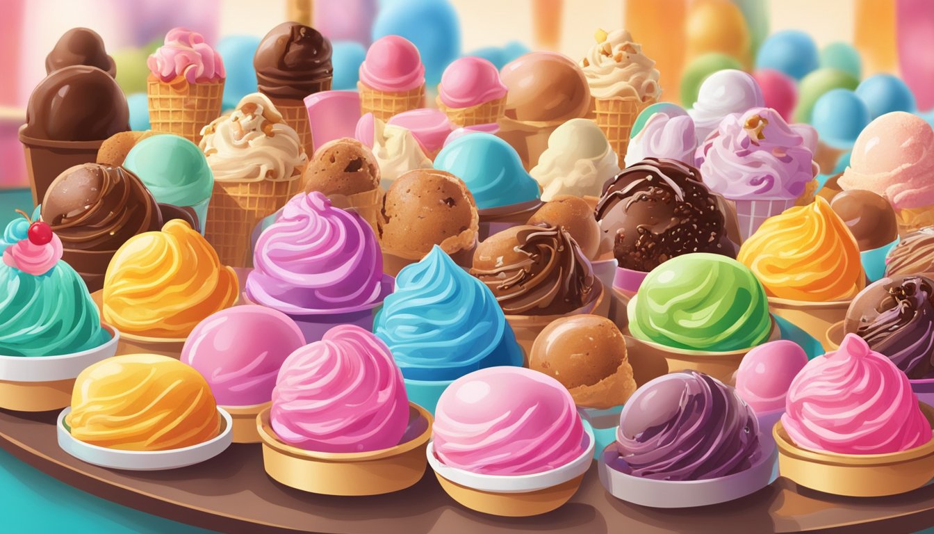 A colorful array of ice cream flavors on display, with people sampling and discussing the taste and texture. A lively and vibrant atmosphere with a focus on the sensory experience of enjoying ice cream