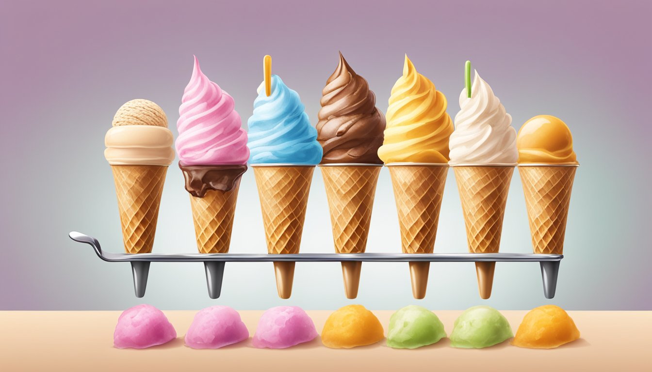 A colorful array of ice cream flavors arranged in a row, with a spoonful of each flavor ready for a taste test