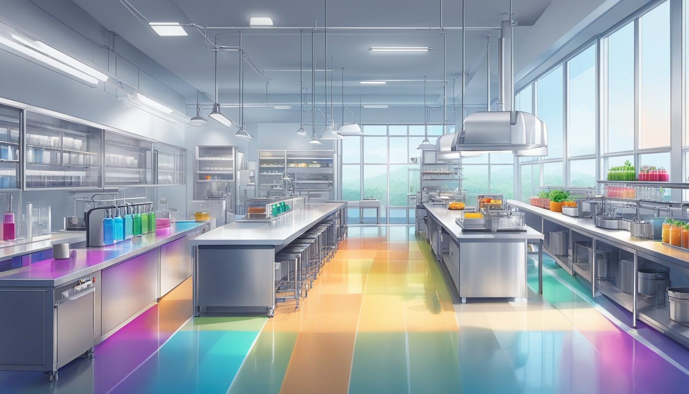 A spacious, brightly lit innovation lab with rows of stainless steel equipment and colorful ingredients, exuding an atmosphere of creativity and experimentation