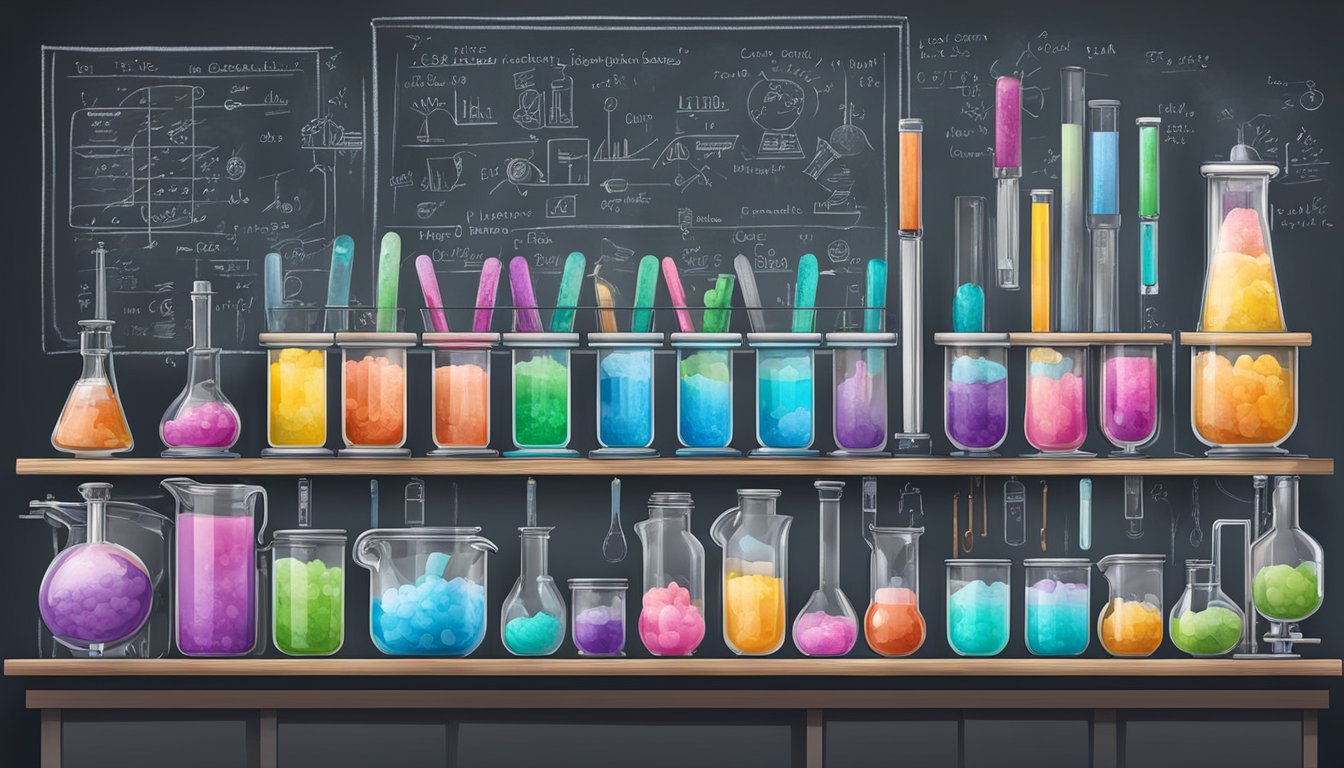 A modern lab with colorful beakers, test tubes, and equipment. A large chalkboard displays flavor formulas and sketches of ice cream containers