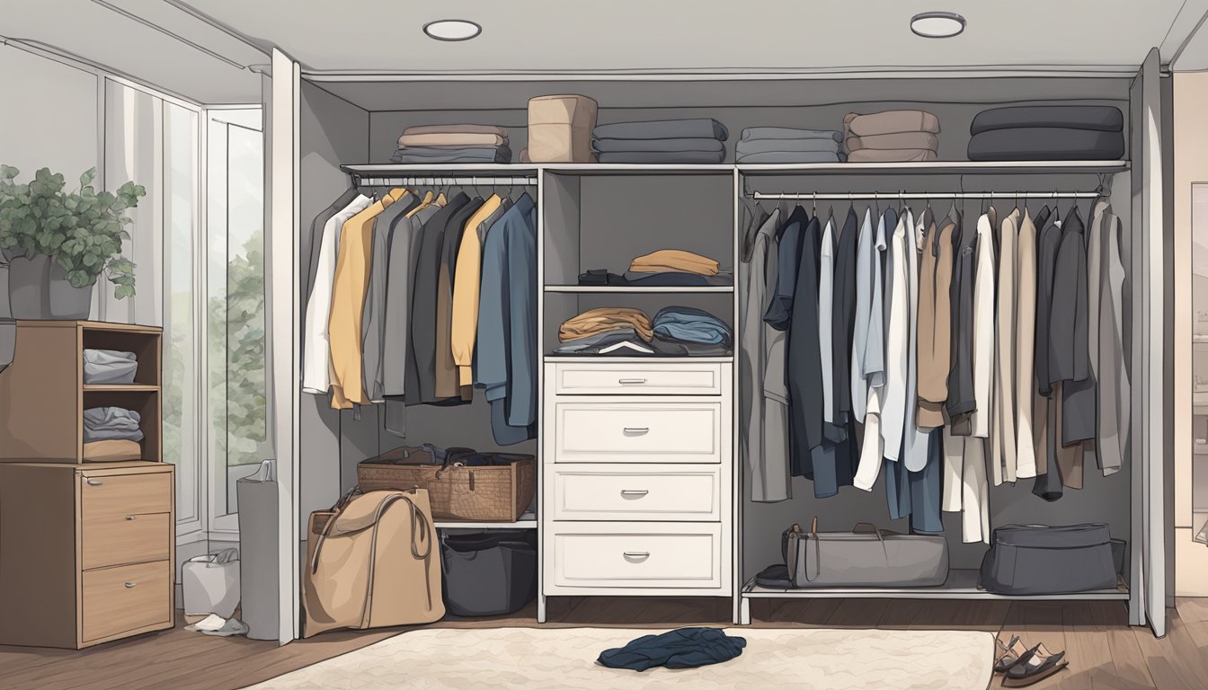 A closet filled with oversized clothes, a pile of discarded garments, and a few well-fitting outfits hanging on the rack