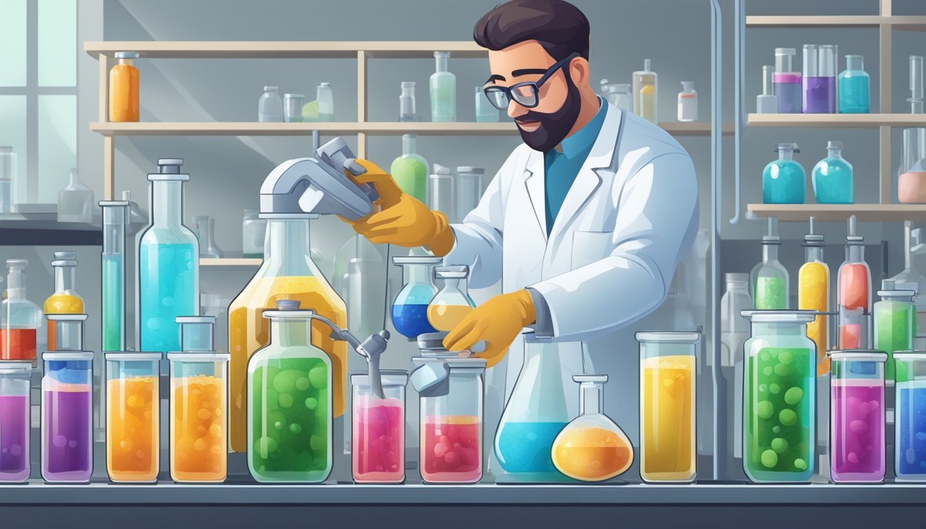 A scientist carefully measures and mixes various ingredients in a modern laboratory, surrounded by colorful bottles and equipment