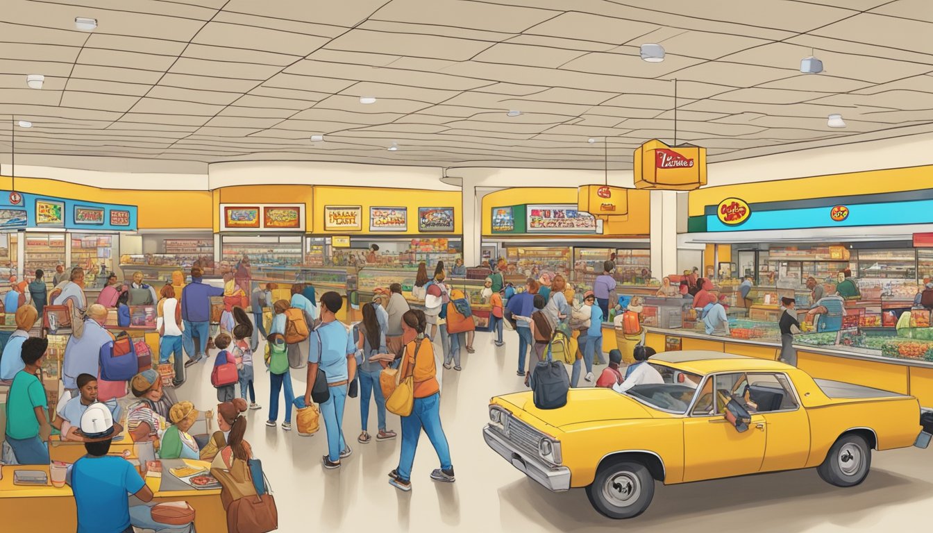 A bustling Buc-ee's travel center with long lines, busy aisles, and a crowded dining area, as visitors strategize and navigate through the bustling crowds