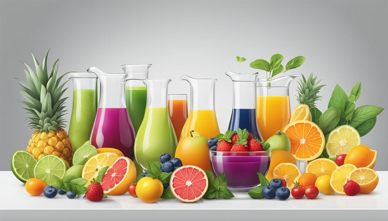 A colorful array of fresh fruits, herbs, and spices arranged on a pristine white countertop, with beakers and test tubes filled with various liquids