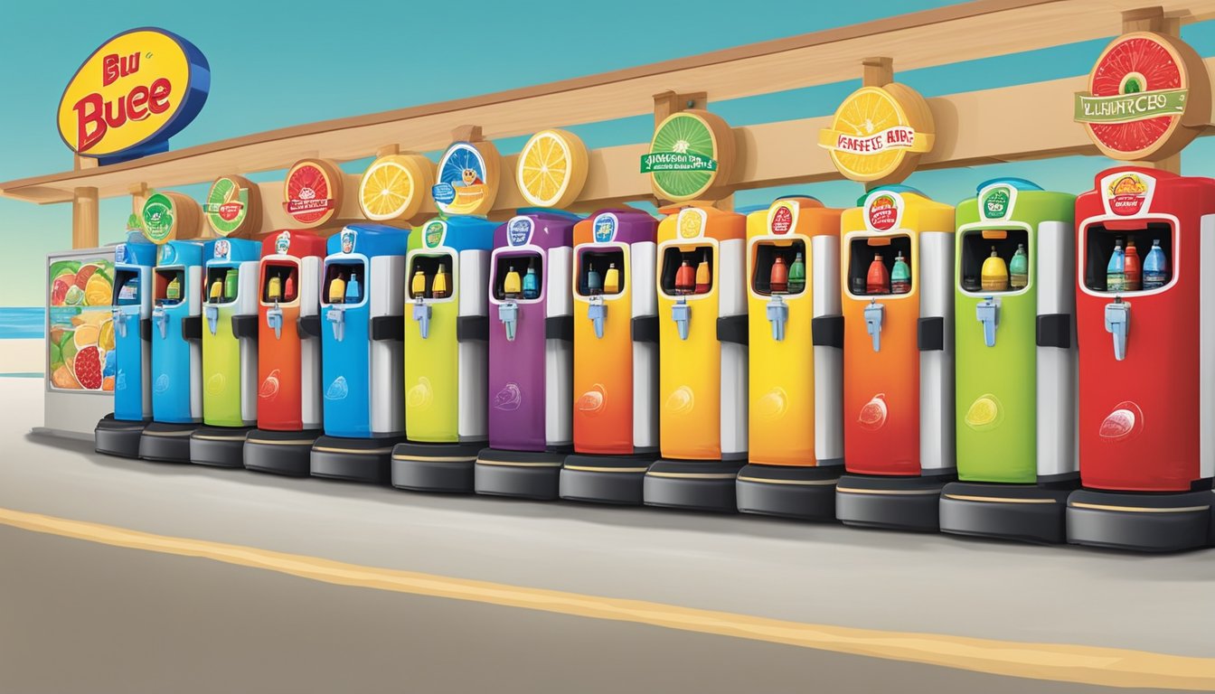 A row of colorful hydration stations with fresh fruit and water dispensers at Buc-ee's Healthy Living on the Road, inviting travelers to stay hydrated the Buc-ee's way