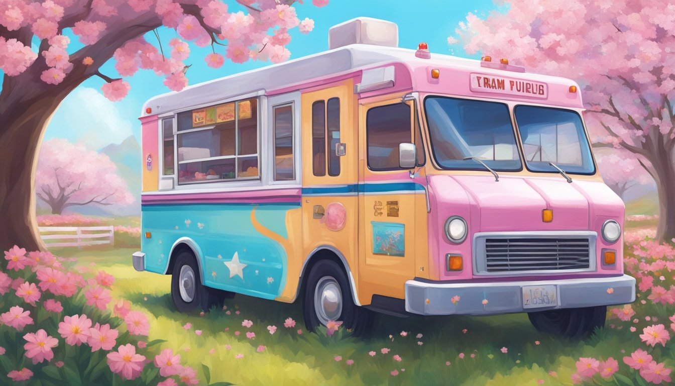 A vintage ice cream truck parked under a blooming cherry blossom tree, surrounded by fields of colorful wildflowers