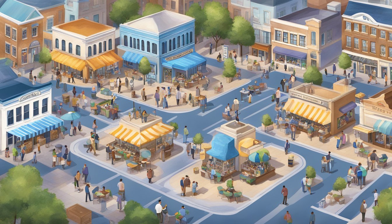 A bustling town square with Blue Bell ice cream shop at the center, surrounded by local businesses and happy customers enjoying their treats