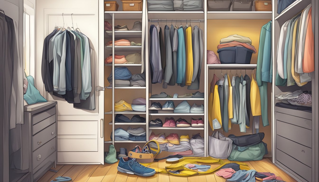 A closet filled with ill-fitting clothes, some too big and others too small, scattered on the floor. A tape measure and a scale sit in the corner