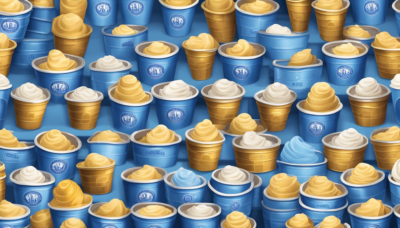 A colorful display of Blue Bell ice cream tubs arranged in a circular pattern, each representing a different seasonal flavor