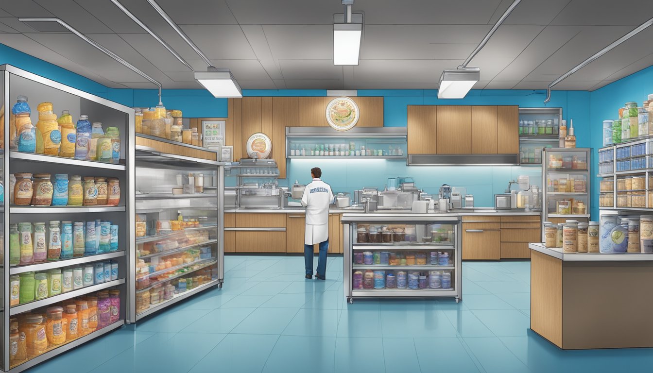 Inside Blue Bell's Innovation Lab, an ice cream maker carefully selects and blends ingredients, surrounded by shelves of flavor extracts and mixing equipment