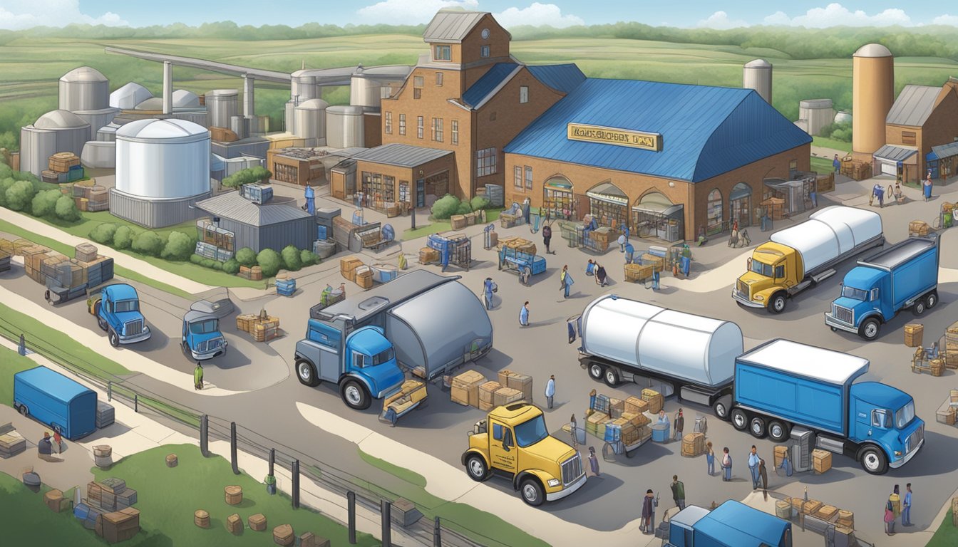 A bustling factory with trucks loading Blue Bell ice cream, surrounded by fields and small businesses thriving from the company's impact