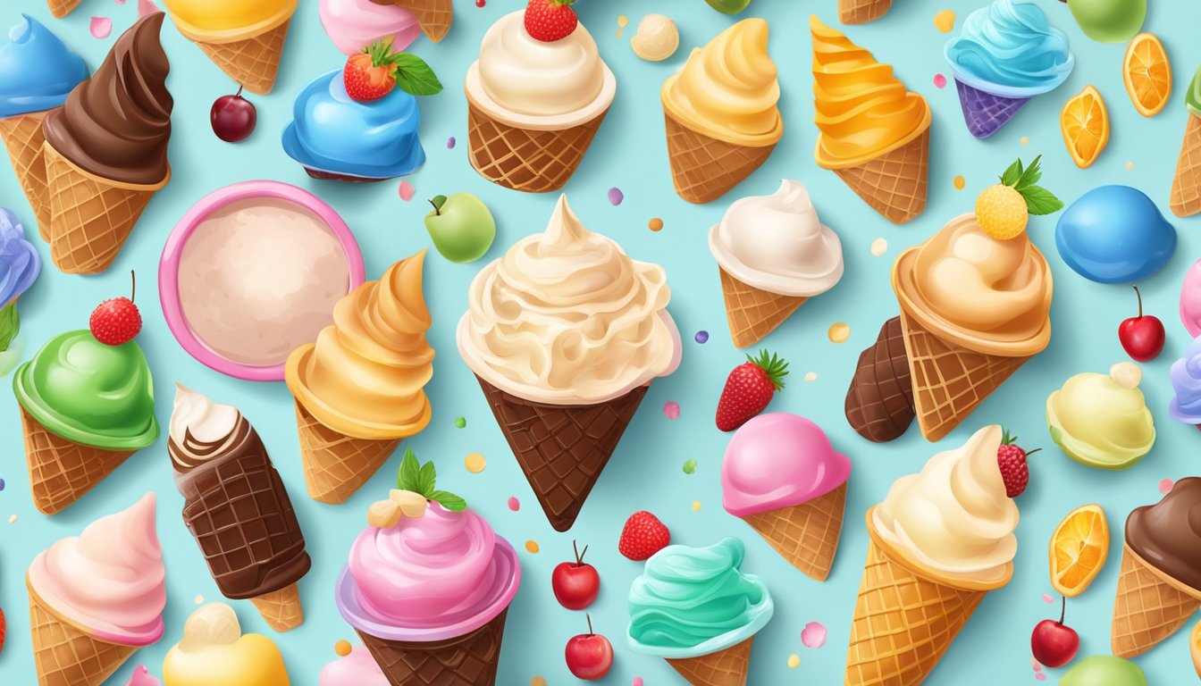 A colorful display of various ice cream flavors arranged in a circular pattern, each representing a different season with corresponding ingredients and decorations