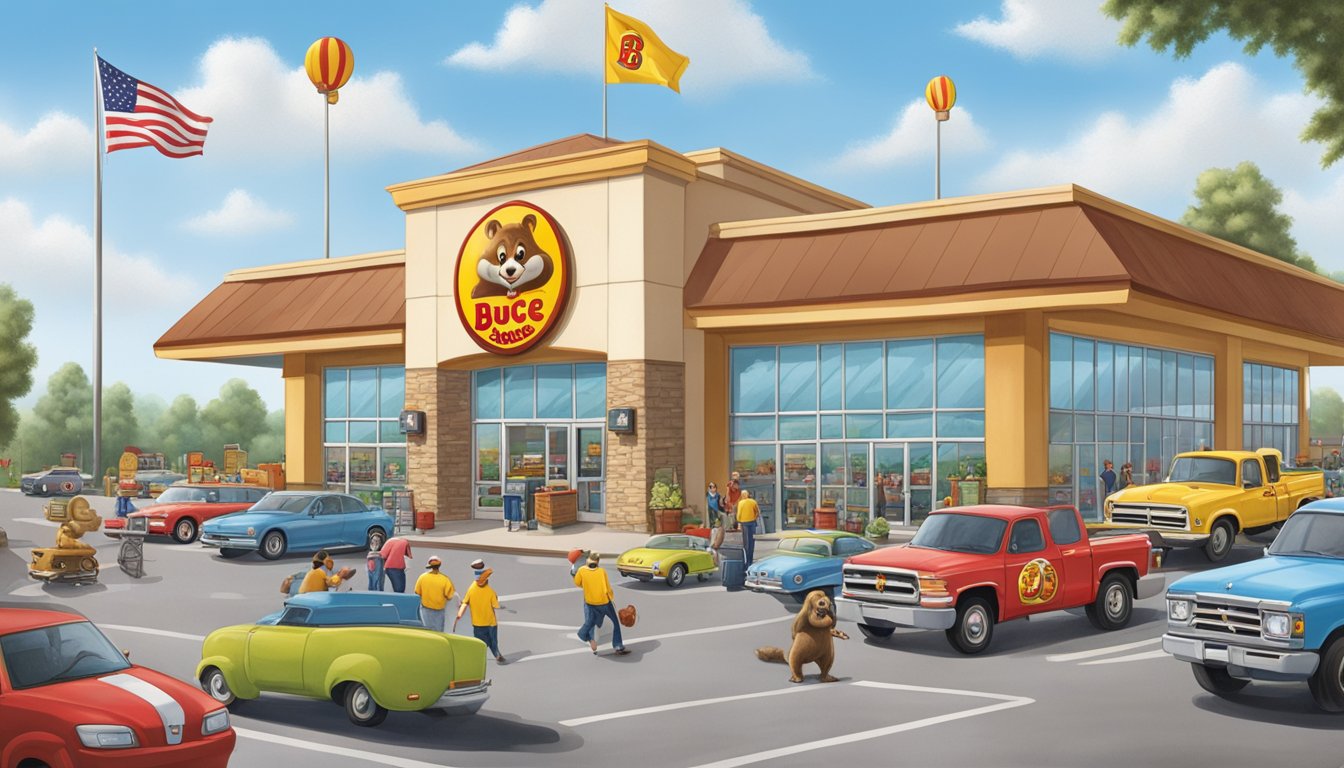 A bustling Buc-ee's store with a massive parking lot, gas pumps, and a towering beaver mascot welcoming a steady stream of customers