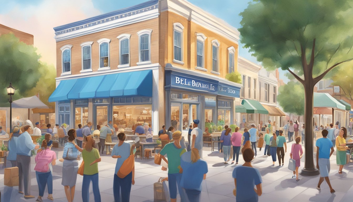 A bustling town square with a prominent Blue Bell ice cream shop, surrounded by happy customers and local businesses benefiting from the company's economic impact