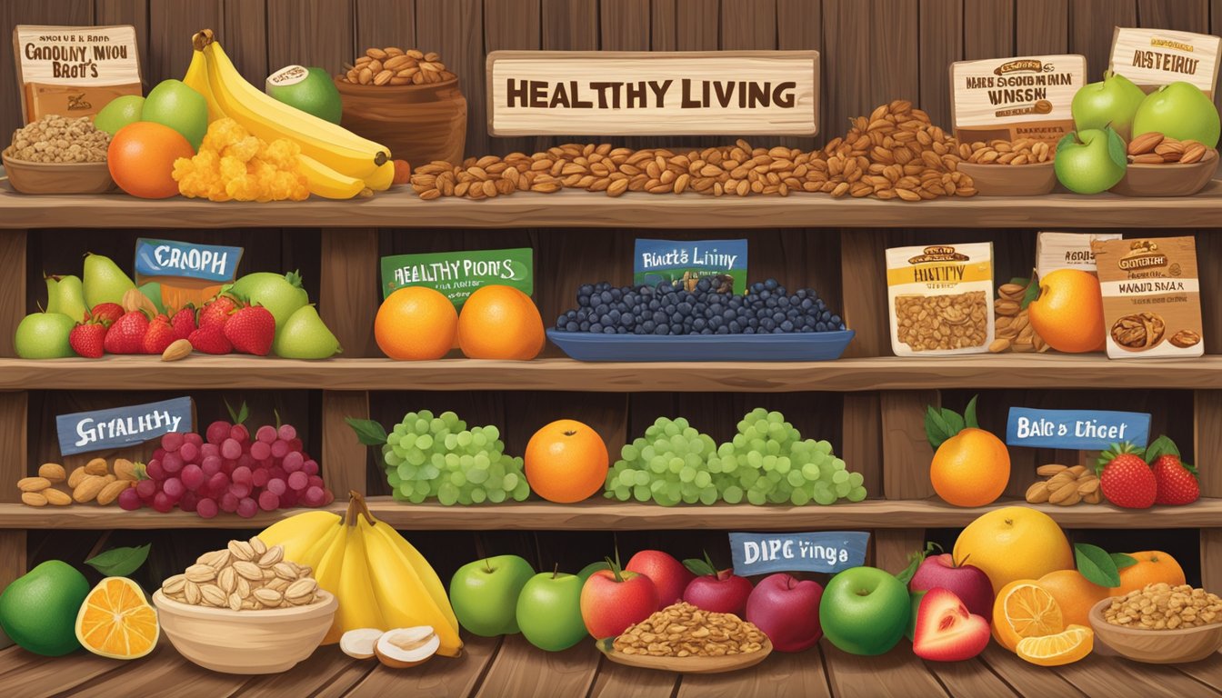 A colorful display of fresh fruits, nuts, and granola bars arranged on a rustic wooden table at Buc-ee's, with a sign promoting healthy living on the road