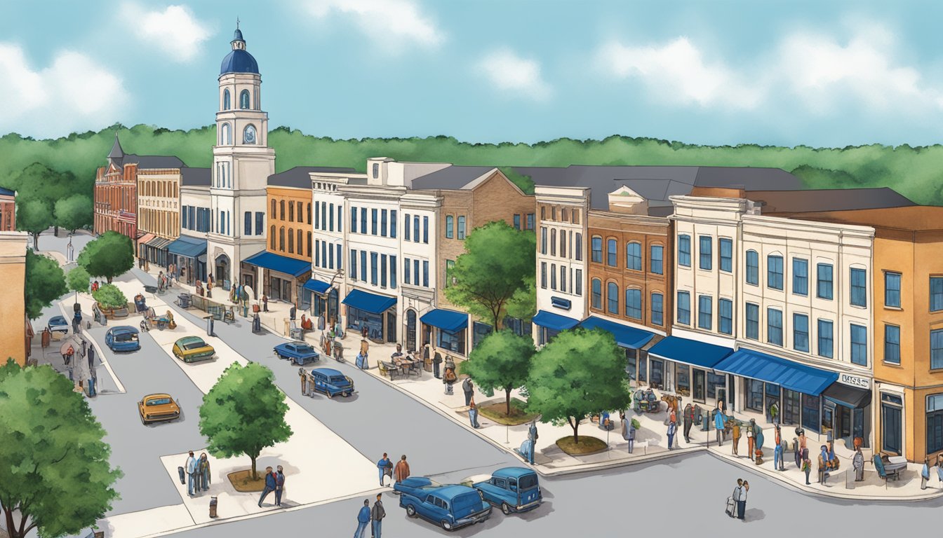 A bustling town square with Blue Bell's corporate headquarters towering over local businesses, symbolizing its significant impact on Brenham's economy