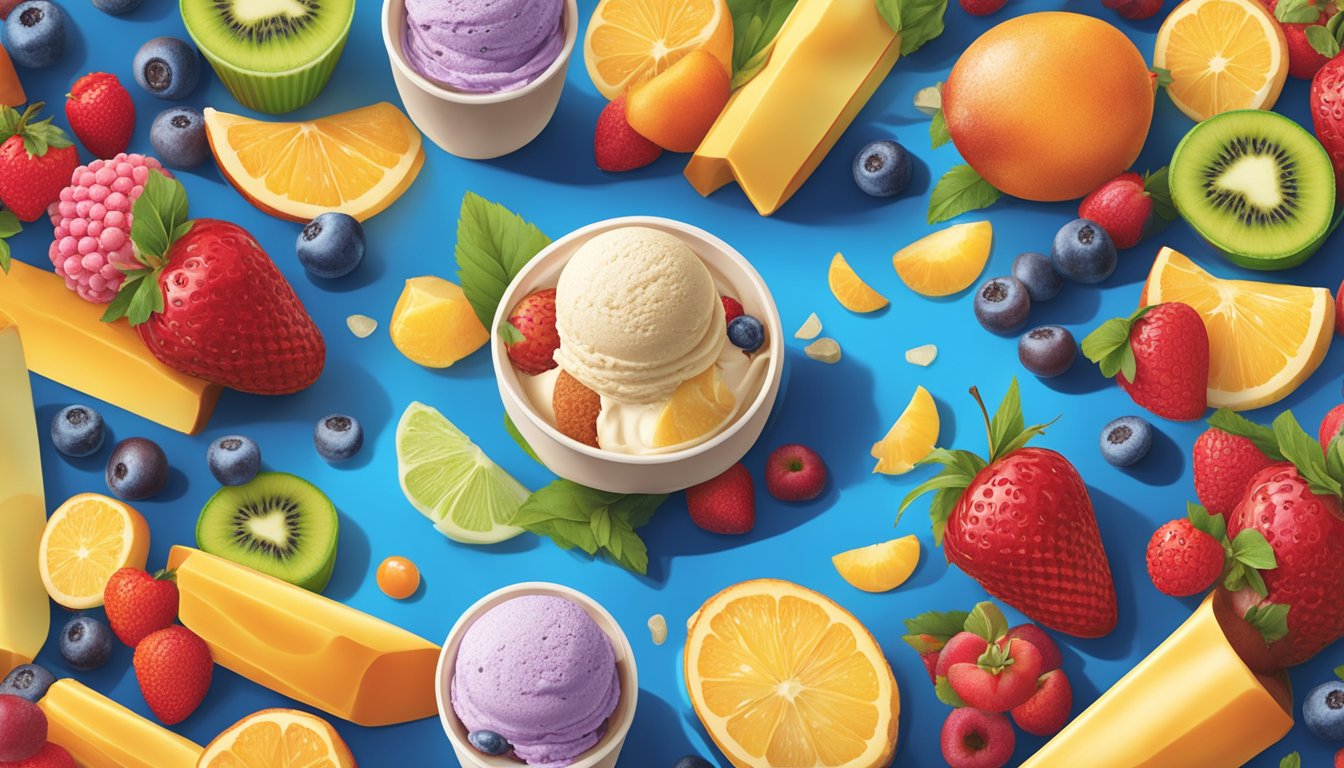 A colorful display of Blue Bell's seasonal ice cream flavors arranged in a circular pattern, surrounded by vibrant fruits and toppings