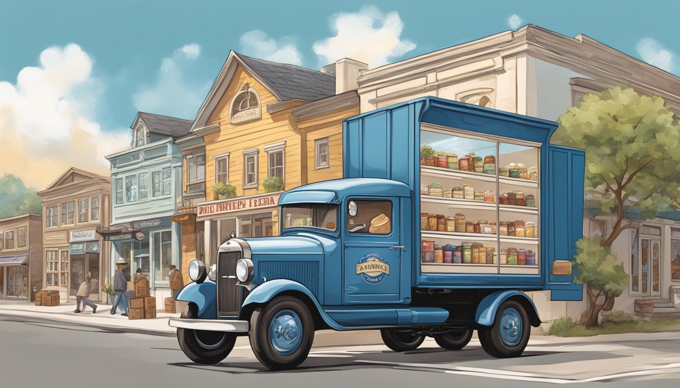 A vintage delivery truck from Blue Bell Creameries navigates through a quaint rural town, stopping at a local grocery store to unload crates of ice cream