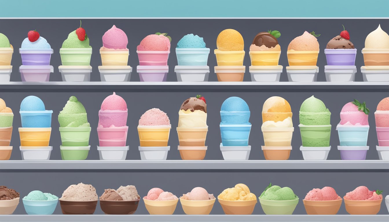 A colorful display of various ice cream flavors arranged in a freezer, with labels indicating seasonal availability