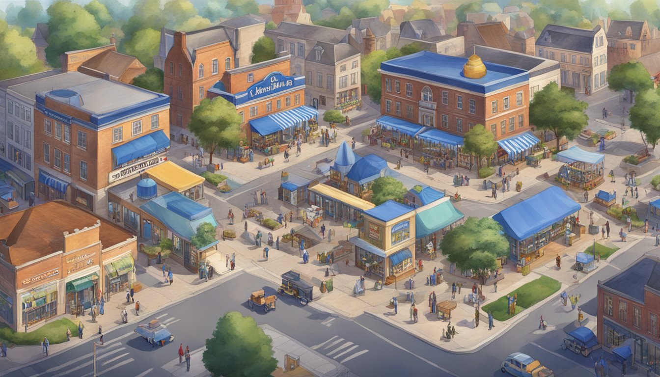 A bustling town square with a towering Blue Bell ice cream factory in the background, surrounded by small businesses and farms