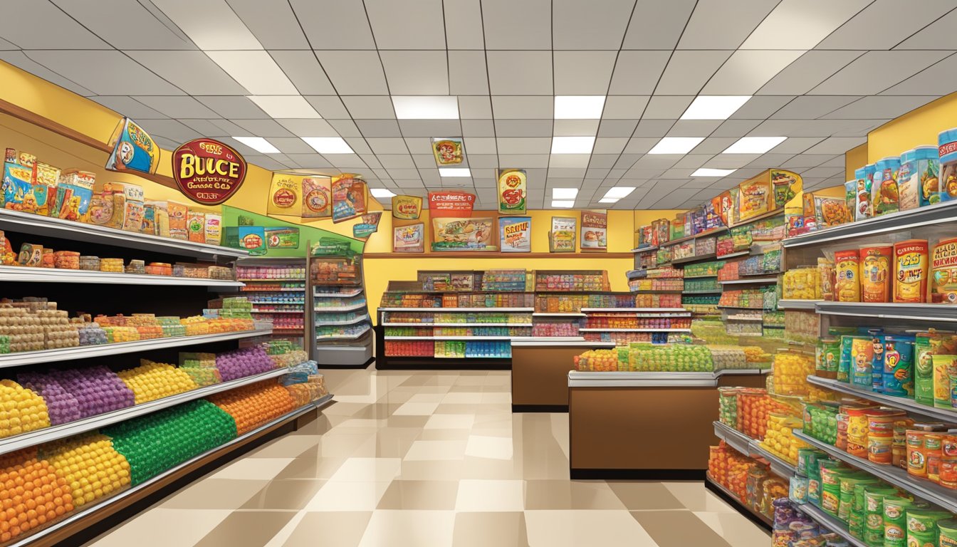 A colorful array of Buc-ee's products with whimsical names displayed on shelves, surrounded by the store's iconic beaver mascot and Texas-themed decor