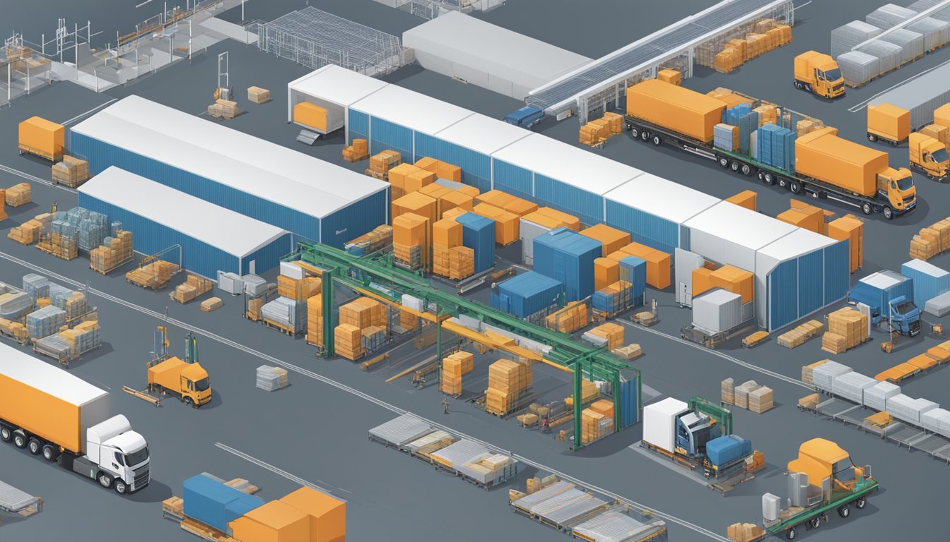 A network of production facilities connects to a distribution center, with trucks loading and unloading goods for transport