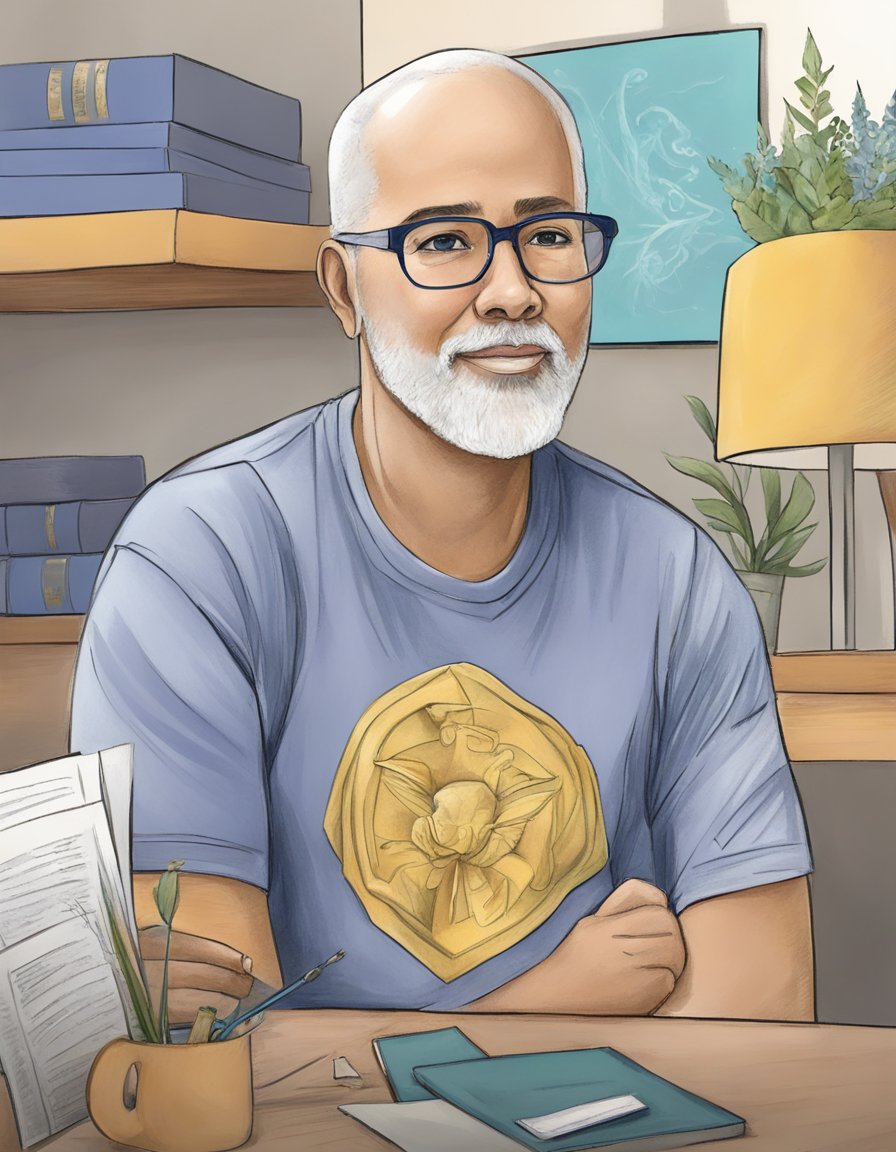 Digital art of a man looking content in his office