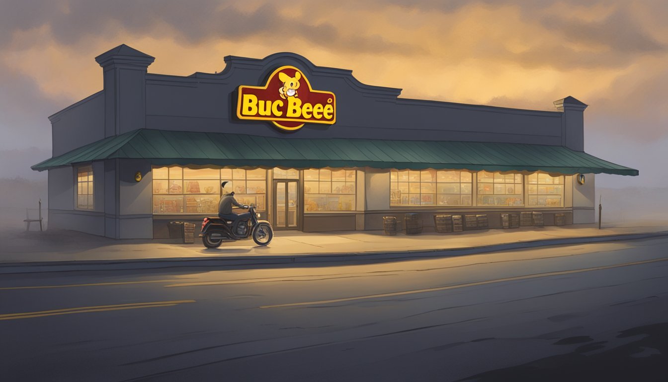 A lone Buc-ee's store stands on a dark, deserted highway, surrounded by eerie mist and shadowy figures lurking in the background