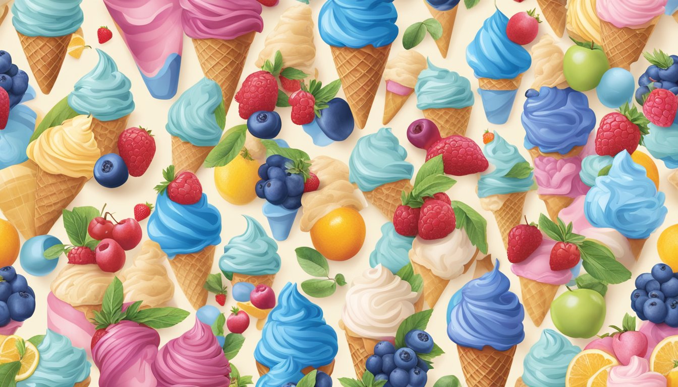 A colorful display of Blue Bell's seasonal ice cream flavors arranged in a whimsical pattern, surrounded by fresh fruit and decorative toppings