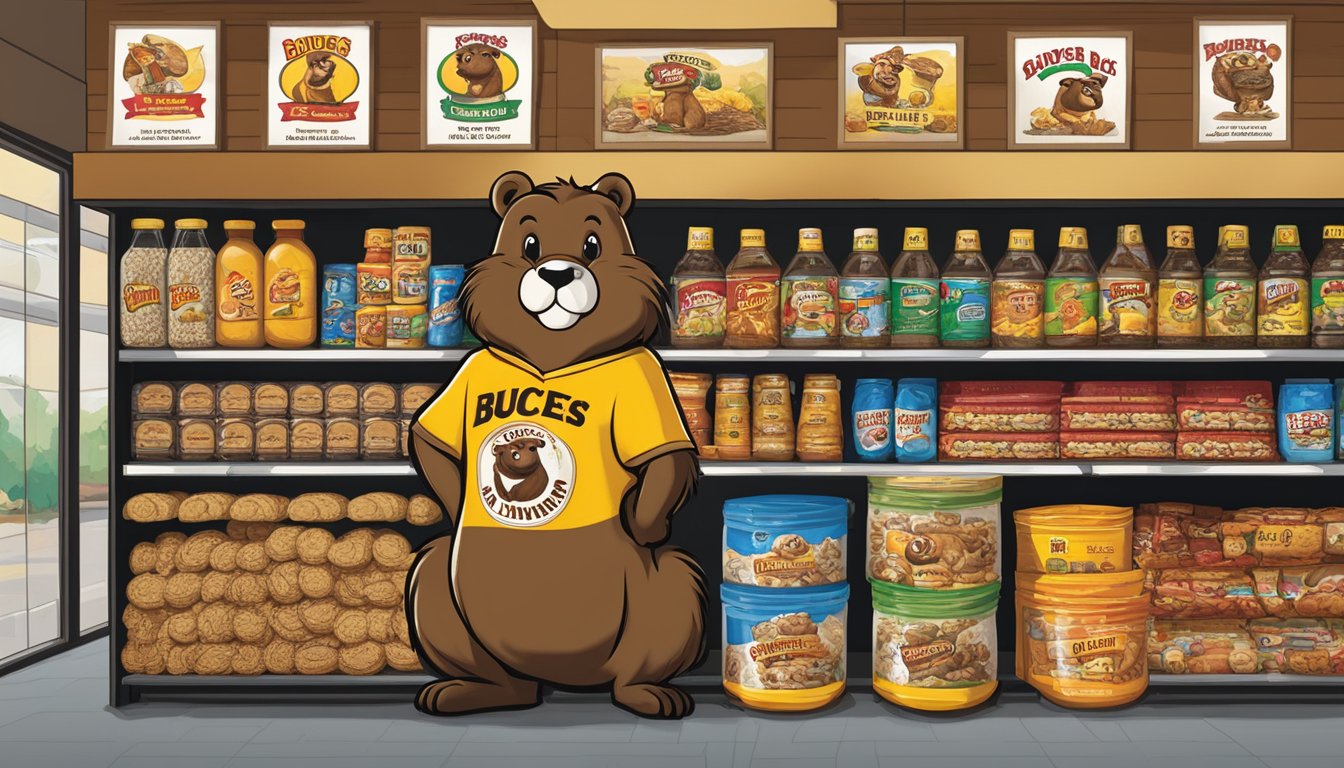 A beaver mascot stands proudly in front of a wall of Buc-ee's branded products, each with its own quirky and distinctive name