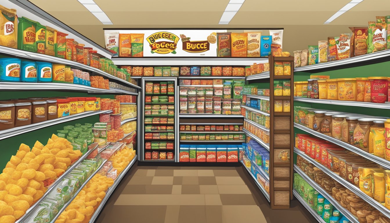 A display of Buc-ee's food products with unique and quirky titles, arranged neatly on shelves with colorful packaging