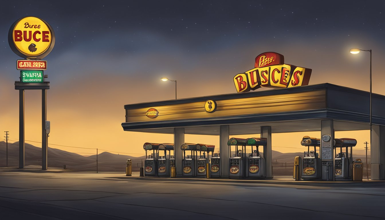 A dark, deserted highway winds through the night, with a looming Buc-ee's sign casting an eerie glow over the empty gas pumps and abandoned store