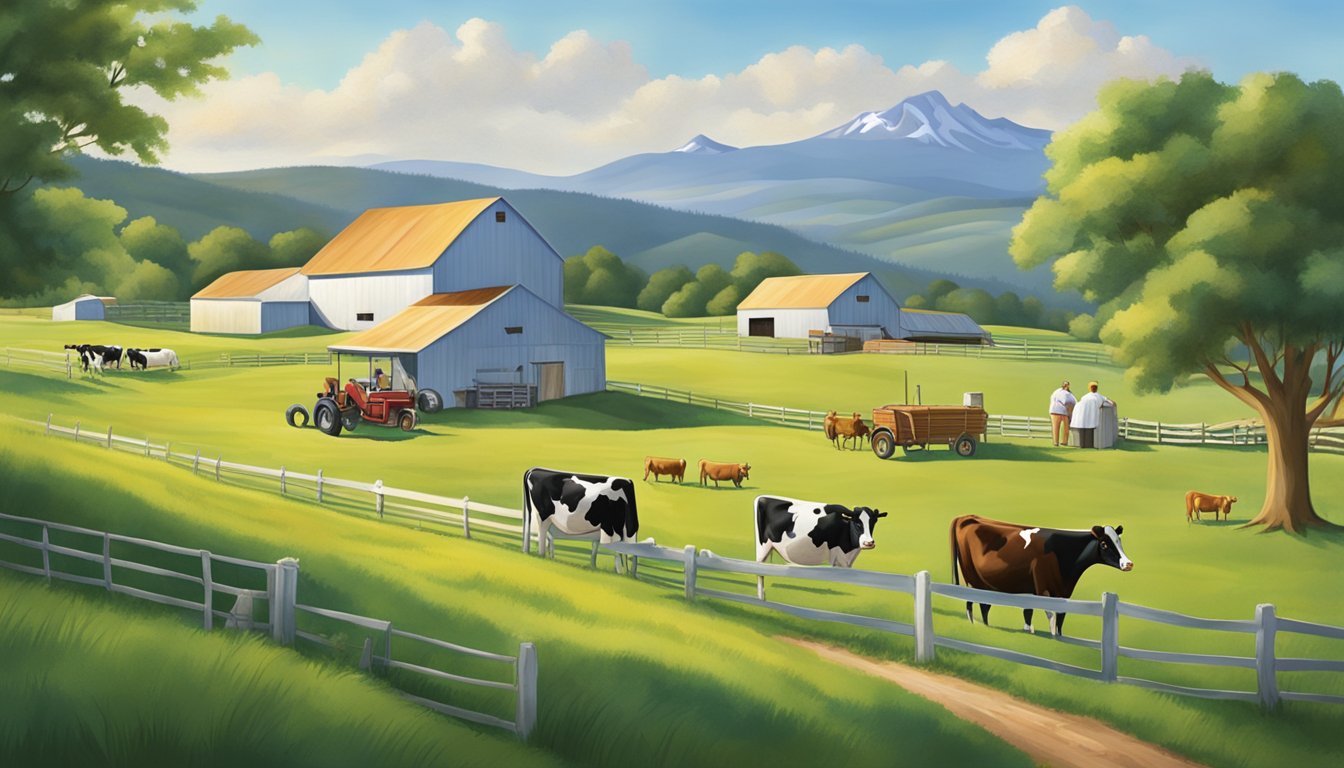 A bustling family-owned dairy farm, with generations working together amidst rolling green pastures and a backdrop of the iconic Blue Bell mountains