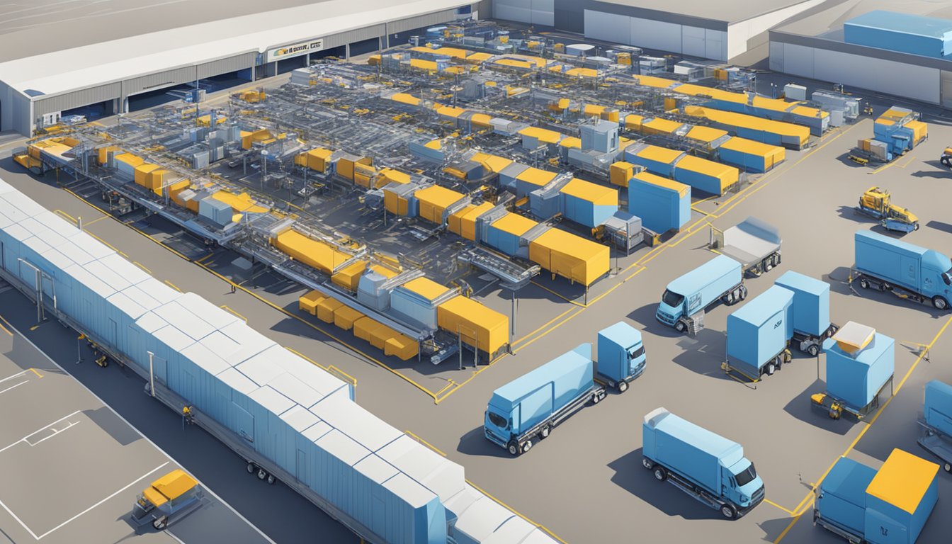 A futuristic distribution center with high-tech drones and automated vehicles loading Blue Bell products onto delivery trucks