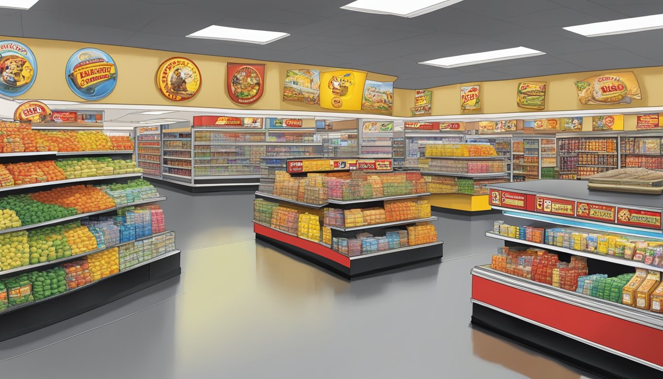 A bustling Buc-ee's store with shelves full of uniquely named products. A sign displays "Expansion and Future Outlook Behind the Names."