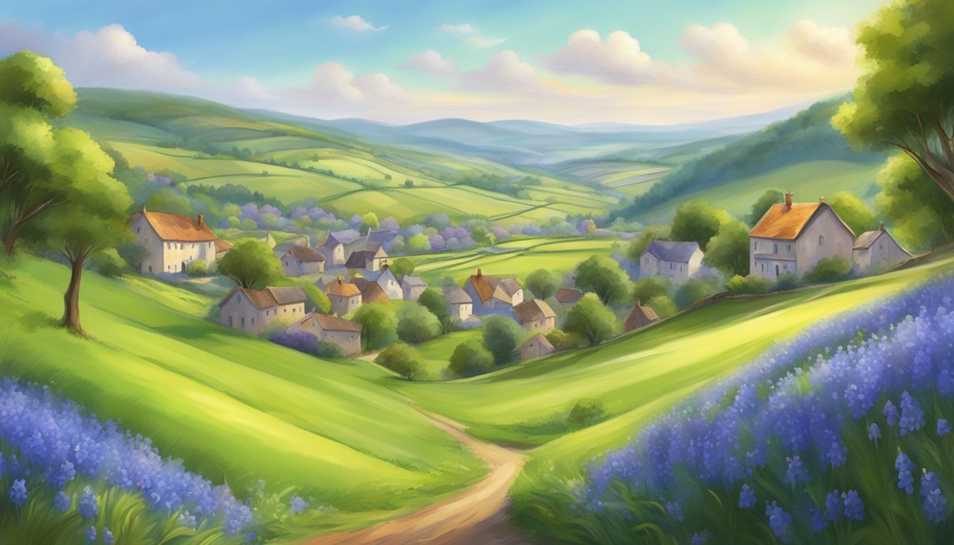 A sprawling landscape of rolling hills and lush green pastures, with a charming small town nestled in the center, surrounded by fields of bluebells in full bloom