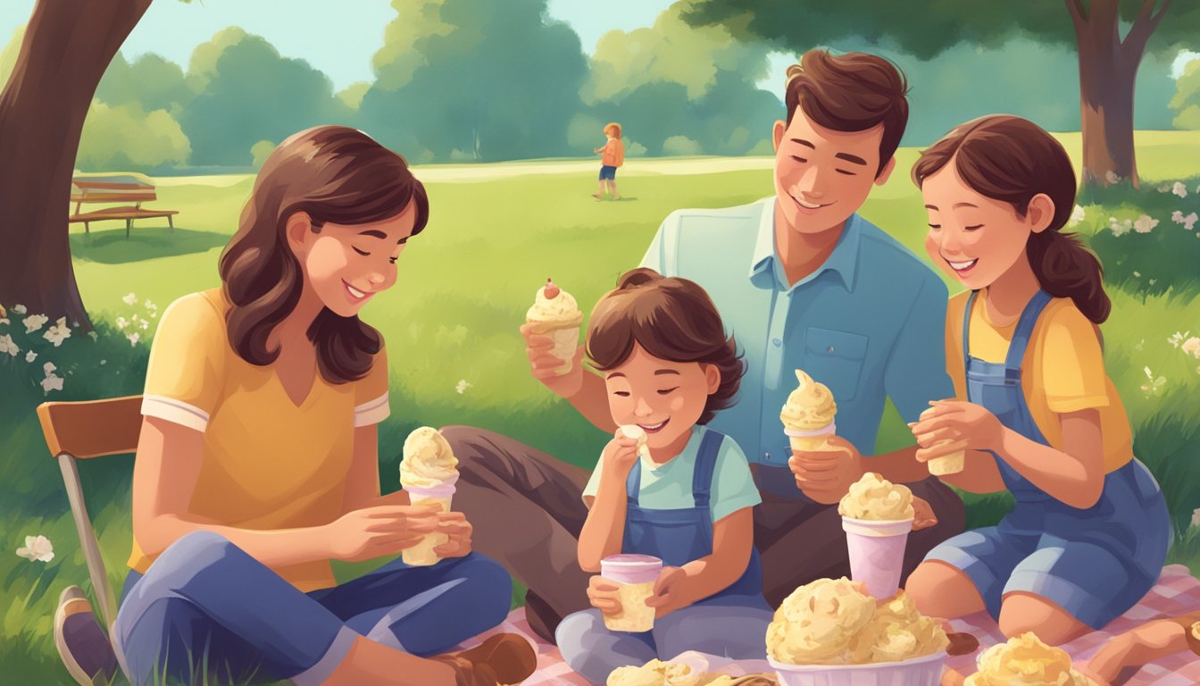 A family enjoying Blue Bell ice cream together at a picnic in a sunny, grassy park