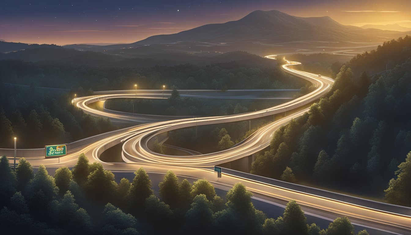 A winding highway at night, surrounded by dense forests and illuminated by the eerie glow of a Buc-ee's sign in the distance