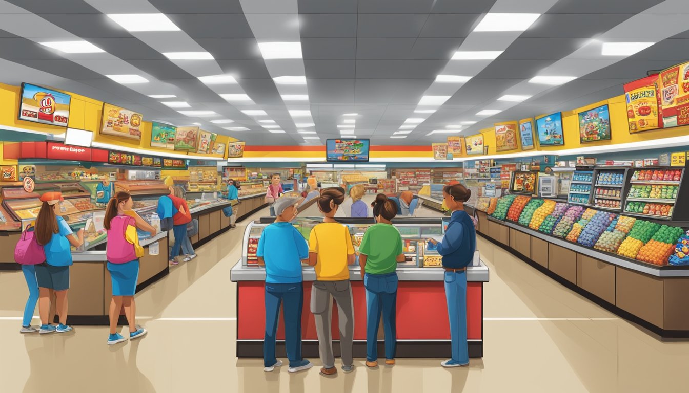 A bustling Buc-ee's store with gas pumps, snacks, and merchandise. Customers browsing and taking the trivia challenge at a kiosk