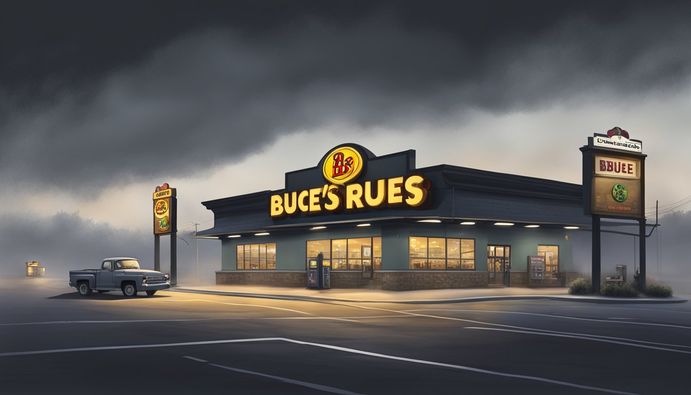 A dark, deserted highway winds past a looming Buc-ee's location, with eerie mist swirling around the gas pumps and the glowing sign casting an ominous glow