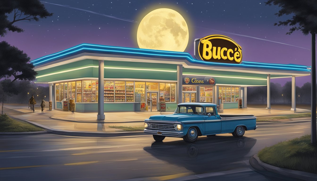 A moonlit highway winds past a glowing Buc-ee's, with ghostly figures and eerie lights surrounding the iconic convenience store