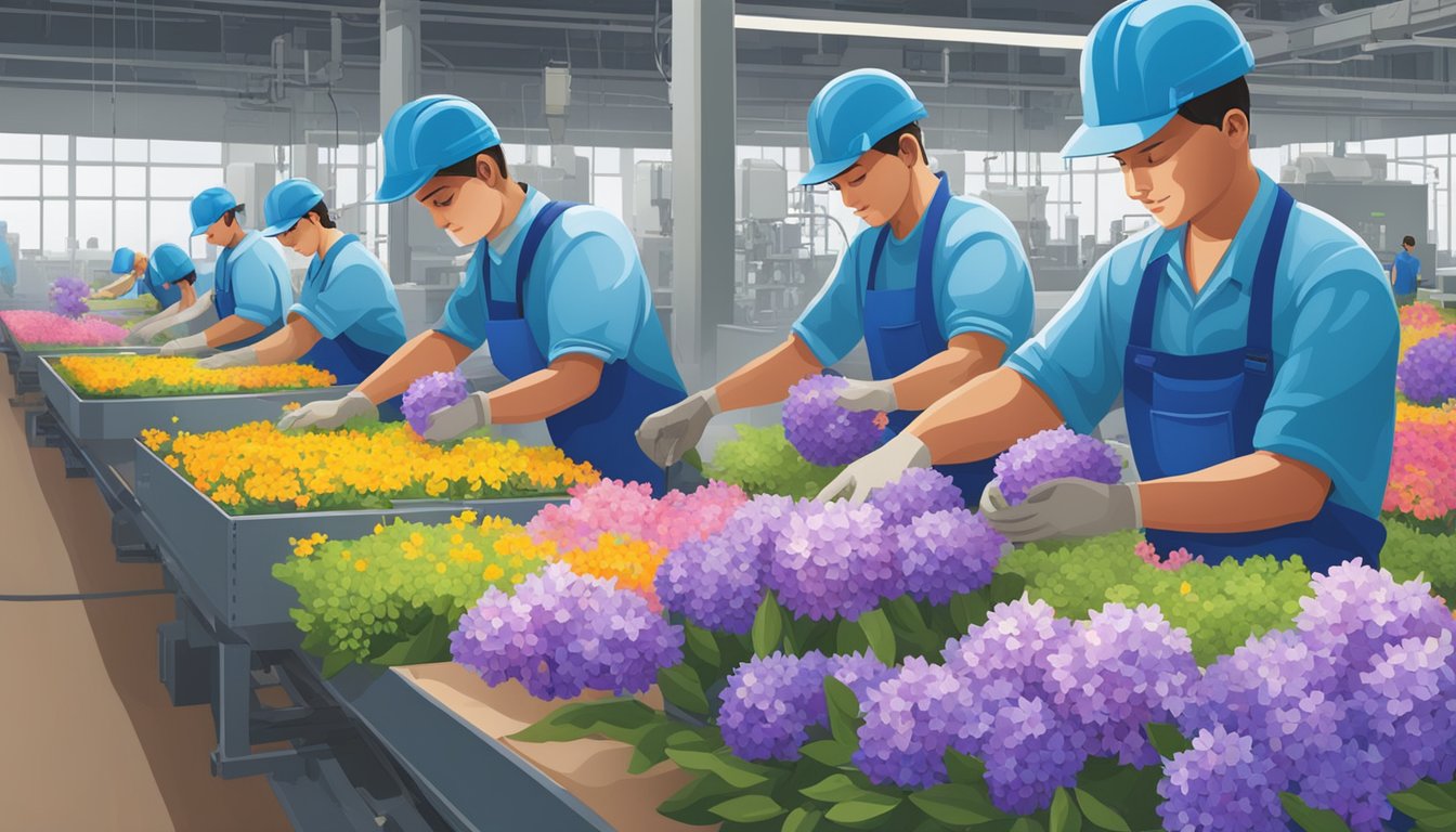 A bustling factory floor with workers assembling and packaging blue bell flowers into beautiful bouquets. Machinery hums and colorful blooms fill the space