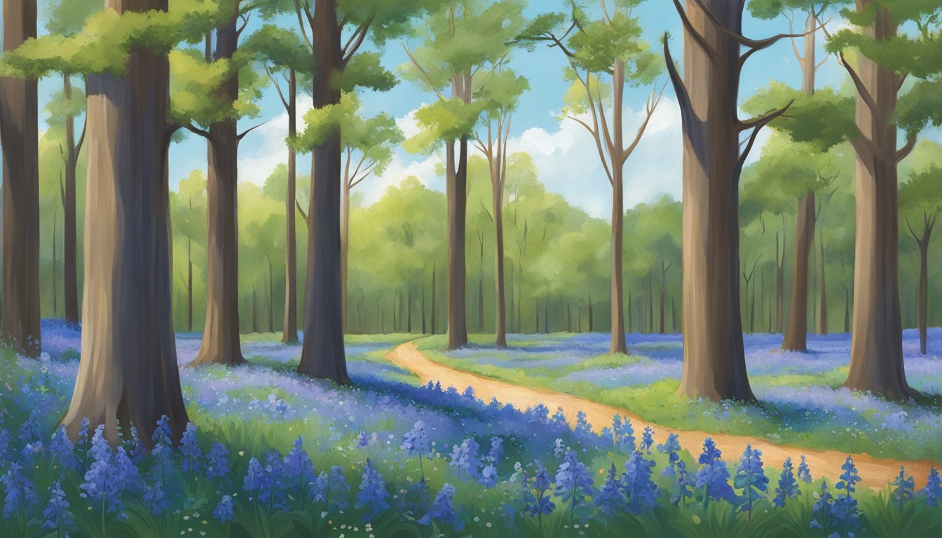 A field of bluebells in full bloom, surrounded by towering trees and a clear blue sky, with the Texas state flower standing out in vibrant color