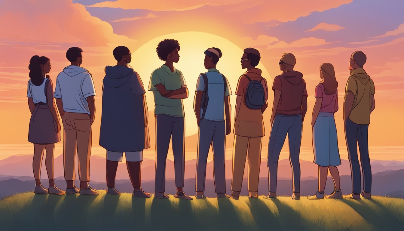 A group of diverse individuals stand together, looking towards a bright, expansive horizon. The sun is setting, casting a warm glow over the scene